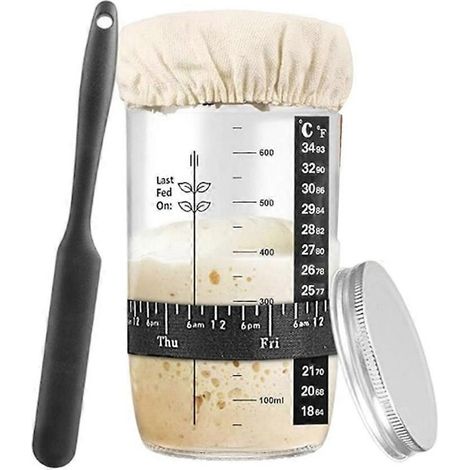 Barattolo per lievito madre, kit per lievito madre da 680 ml con striscia graduata per il riempimento, termometro, coperchio in tessuto e coperchio in metallo. (1/5)