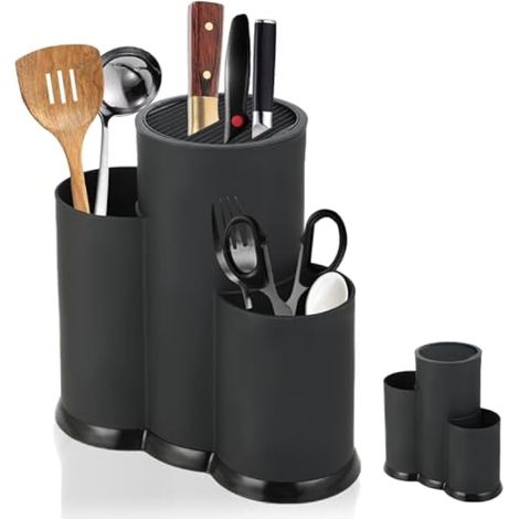 Bloc à couteaux 3 en 1 (couteaux non inclus) - Porte-couteaux universel - Rangement rond pour couteaux et ustensiles de cuisine (noir) (1/5)