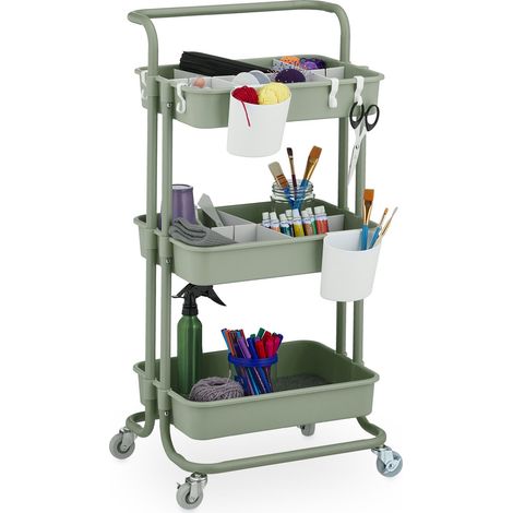 Relaxdays Rollwagen, 3 Etagen, Servierwagen, Küchenwagen für Bad & Büro, Rollregal, HBT: 86x42,5x36cm, Bastelwagen, grün