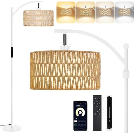 Lampadaire sur Pied en Rotin, App, 2 Abat-jours, 12W Vintage, Blanc Arc Boho, Télécommande et Commande Tactile, 4 Températures de Couleur, Salon, Chambre, Bureau (1/5)