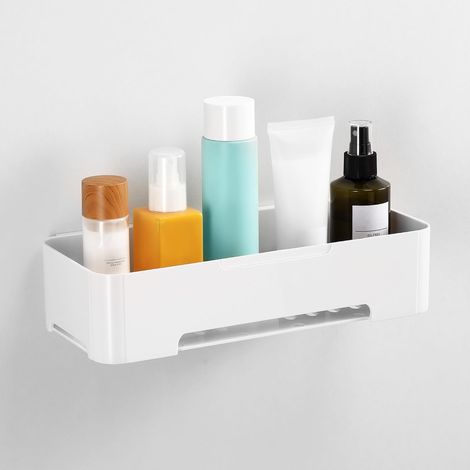 Autocollante Etagere Salle de Bain sans Percage Blanche Étagere Flottante de Douche Adhesif Plastique Tablette Murale Salle de Bain sur Carrelage