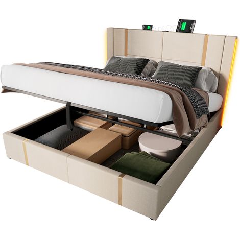 Cama con espacio de almacenamiento tapizada en lino beige 160x200 cm con LED RGB, USB-C y somier de láminas (1/5)