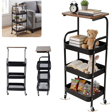 Chariot de Rangement Métal avec de Service 3 Niveaux Desserte Chariots Cuisine Chariots de Service Roulant pour Chambre Salle de Bain Bureau, Noir (1/5)