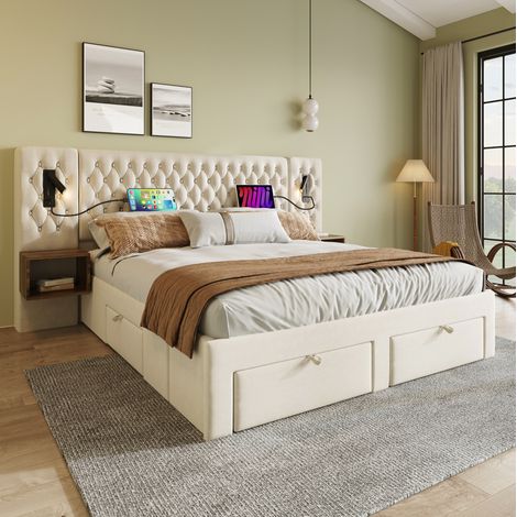 lit coffre 160x200 beige avec 4 tiroirs HAVRYA (1/5)