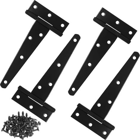 Lot de 4 charnières en T très résistantes à 7 trous en bois avec vis, angle ouvert 270°, revêtement antirouille pour portail de jardin, clôture, volets, abris pour animaux domestiques Noir (1/5)