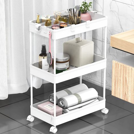 Chariot de Rangement Fin à 3 Niveaux, Organiseur de Salle de Bain, Chariot Utilitaire Roulant, Chariot de Rangement Coulissant, étagère Mobile pour Bureau, Salle de Bain, Cuisine, buanderie, (1/5)