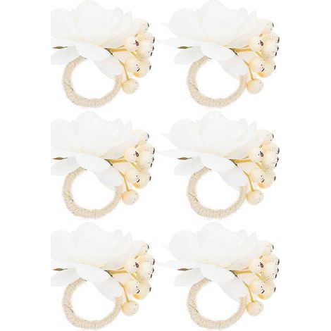 Set mit 6 künstlichen, blumenförmigen Serviettenringen, Tischdekoration für Hochzeiten – 8 x 4,5 x 5 cm – Beige (1/4)