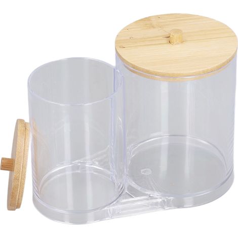 Boîte de rangement transparente avec couvercle en bambou pour disques démaquillants, cotons et autres accessoires cosmétiques. Pot à cotons, étui à cotons, accessoires de maquillage et autres articles (1/5)