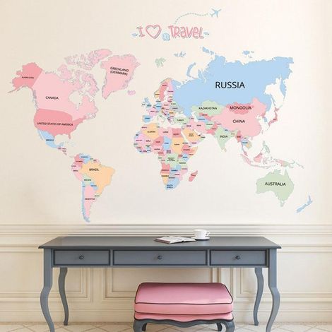 Décoration murale autocollante carte du monde pour salon, papier peint (1/5)