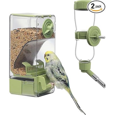 Distributeur d'eau et Mangeoire à Oiseaux, Mangeoire pour Cage avec perchoir pour Perruche, Canari, Cockatiel, Pinson, Budgerigar Vert (1/5)