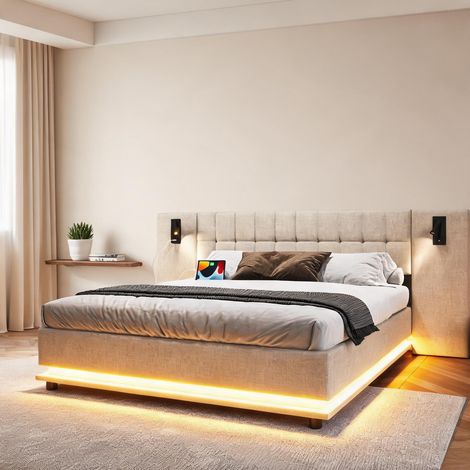 Cadre de lit beige en lin 203,5 x 250 x 103 cm (1/5)