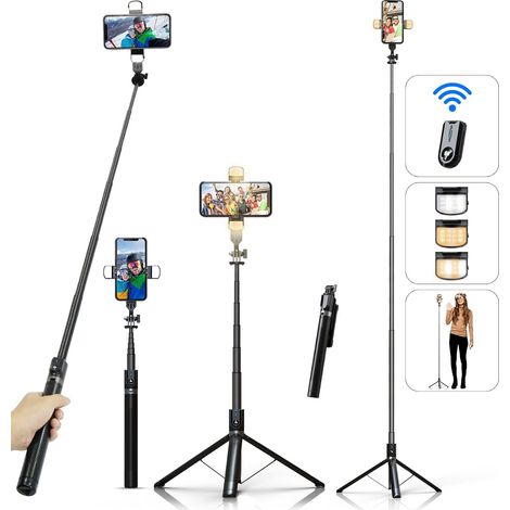 Perche à Selfie Trépied pour Smartphone - 180cm Hauteur Support de Téléphone avec Télécommande et Lumières LED pour Voyages, Vlogs, Vidéos et Photos, Compatible avec Les iPhone et Android (1/5)