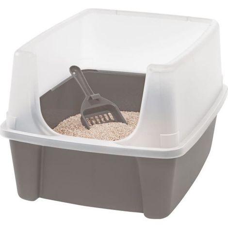 Iris Ohyama – Bac à litière pour chat avec pelle – Parois hautes pour éviter les éclaboussures – Dimensions L48,5 x P38 x H30 cm – Polypropylène résistant