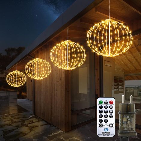 Lot de 4 boules lumineuses à suspendre de 30 cm avec minuteur - 8 modes - Blanc chaud - Décoration de Noël d'extérieur - Pour balcon, jardin, fête, chambre - Décoration intérieure