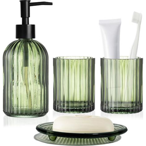 Ensemble complet d'accessoires de salle de bain vert en verre transparent composé d'un distributeur de savon, d'un porte-brosse à dents, d'un gobelet de rinçage et d'un porte-savon pour décoration (1/5)