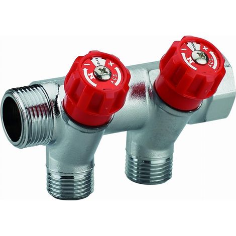 Verteiler mit integrierter Armatur roter Griff männlich weiblich MF3/4' (20x27), 2 Abgänge männlich M1/2' (15x21) Scheibe zur Identifizierung des Wasserpunktes Achsabstand 50 mm NOYON & THIEBAULT - 80