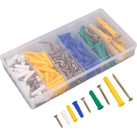 Set mit 232 selbstschneidenden Schrauben mit Senkkopf (Kreuzschlitz), Kohlenstoffstahl, 5 verschiedene Kunststoffdübel, Befestigungsmaterial (1/5)