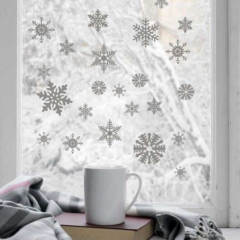 Sticker Vitre Noël 21x29,7cm - Étoiles et Flocons Argentés - Autocollant Electrostatique (1/4)