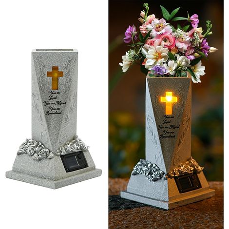 Vase funéraire solaire avec socle, 23 cm de haut, en résine, avec lumière solaire, lampe funéraire pour cimetière, décoration funéraire, résistant aux intempéries, vase solaire, décoration d'extérieur (1/5)