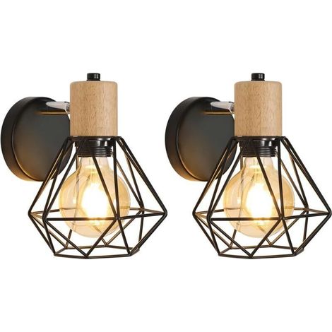 Lot de 2 Applique Murale Industrielle Vintage, 360° Réglable Lampe Murale en Bois, Luminaire Murales Cage E27 en Métal et Fer pour Chambre à Coucher Couloir Salle de Séjour Max 60W, Noir