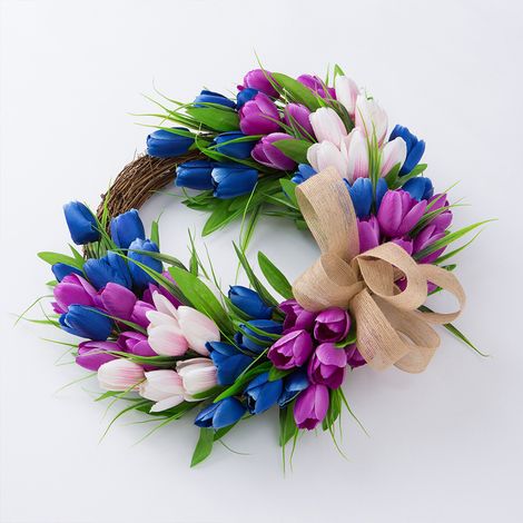 Couronne de tulipes artificielles, décoration murale pour porte, suspension de Pâques, guirlande en tissu et rotin 40x45 cm (1/4)