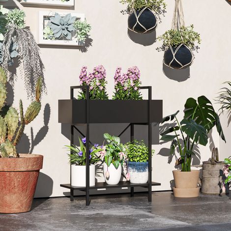 Soporte para plantas de 2 niveles (60x25x70 cm), con bandeja inferior, estructura en X, metal negro (1/5)