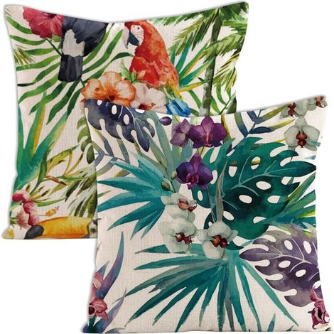 Ensemble de 2 housses de coussin décoratives à motifs floraux tropicaux, palmiers, feuilles et perroquets. Dimensions standard carrées : 45,7 x 45,7 cm (18 x 18 pouces). (1/5)