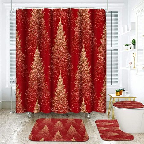 Duschvorhang mit Weihnachtsbaummotiv – Goldener und roter Duschvorhang – Waldmotiv – Badezimmerdekoration, 4-teiliges Set mit Badematte – 180 x 180 cm (1/5)