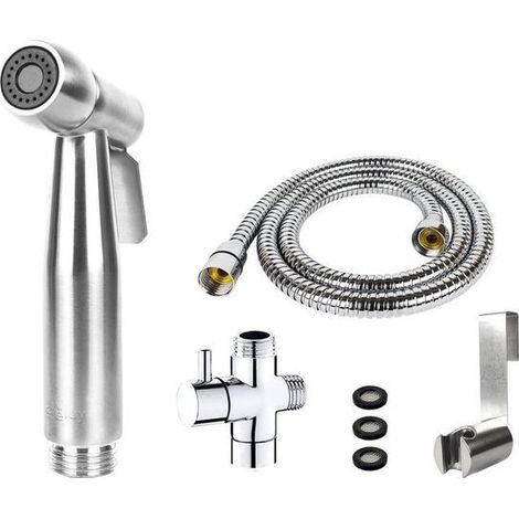 Douchette bidet hygiénique en acier inoxydable brossé avec flexible, raccord en T et support mural, kit douche WC (1/2)