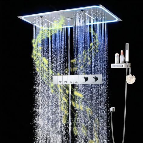 Colonna Doccia Termostatico Musicale Colonna Doccia da incasso LED 64 Colori Bluetooth Kit Doccia con 700 350mm 4 Funzioni Soffione Doccia a Pioggia, Doccetta, Rubinetto Vasca(Cromatura) (1/5)
