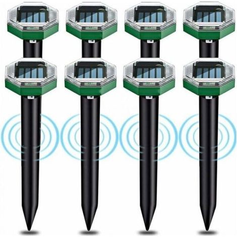 8 solar-powered ultrasonic mole repellents, IP65 waterproof, suitable for garden use, labeled.