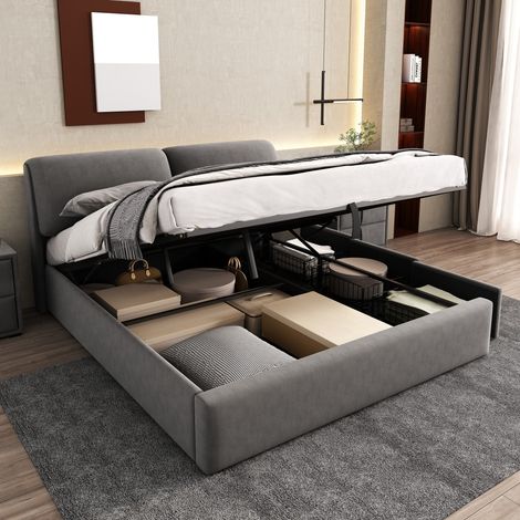 Lit double tapissé 160x200cm hydraulique, 3 tiroirs coffre rangement, sommier lattes velours gris (sans matelas) (1/5)