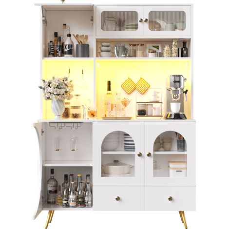 Aparador alto de cocina con 2 puertas, 1 cajón, huecos abiertos, LED y enchufes integrados, MDF y vidrio, 120x40x176 cm (1/5)