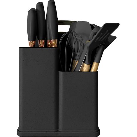 Ensemble d'ustensiles de cuisine en silicone et bois (noir) de 21 pièces : couteaux, planche à découper, boîte de rangement et éplucheur. (1/5)