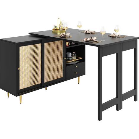 Mueble Bar con Puerta de Ratán, Cajón, Estantes Abiertos, Tablero Giratorio 360° y Extensible para Cocina (1/5)
