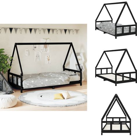 Cadre de lit pour enfants noir 90x200 cm bois de pin massif - Lit Bébé - Lit Enfant - Bois Massif - Design Maison - Rideau De Lit (1/5)