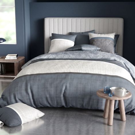 Parure housse de couette 260x240cm + 2 taies motif graphique bleu et gris 100% coton - ENEZIA (1/4)