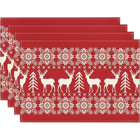 Napperons de Noël à motifs de cerfs, lot de 4, 12 x 18 pouces, tapis de table d'hiver pour chemin de table, fête, cuisine et décoration de salle à manger. (1/4)