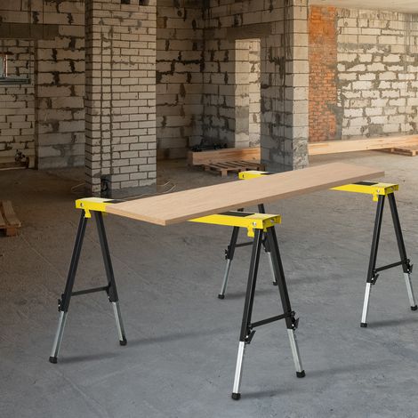 DURHAND Ensemble de 2 tréteaux de travail pliables et antidérapants en acier jaune et noir, dimensions 100 x 49 x 62-90 cm, capacité de charge 100 kg (1/5)