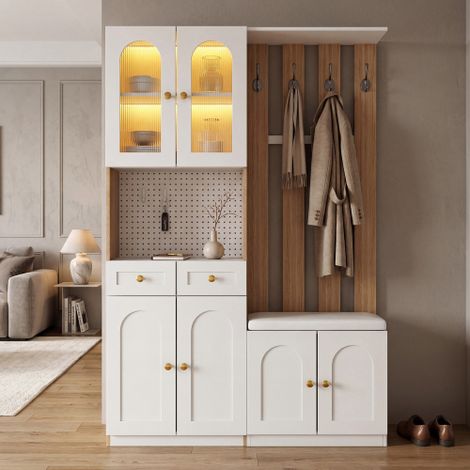 Armadio con panca e illuminazione a LED, scarpiera, armadio da ingresso con pannello a doghe, montabile in modo flessibile su entrambi i lati, design moderno in bianco e rovere - H180/L120/P30 cm (1/5)