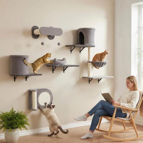 Étagères murales pour chat arbre à chat mural 5 pièces 2 niches hamac plateformes griffoirs en sisal gris (1/5)