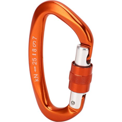 D-förmiger Karabiner aus Aluminiumlegierung, selbstsichernd, robuster D-förmiger Karabiner, geeignet zum Klettern und Campen, orange. (1/4)