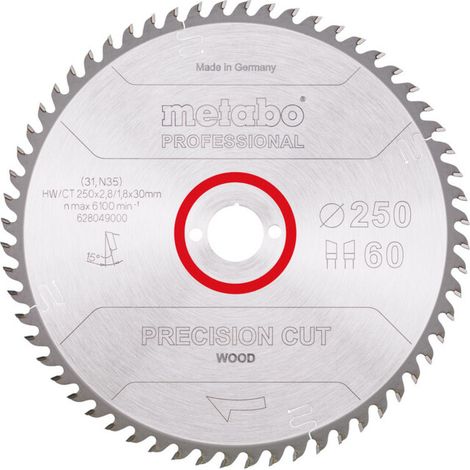 Lame de scie circulaire HW/CT 250 x 30 x 2,8/1,8, nombre de dents 60, affûtage en biseau alterné, angle d'attaque 15° metabo
