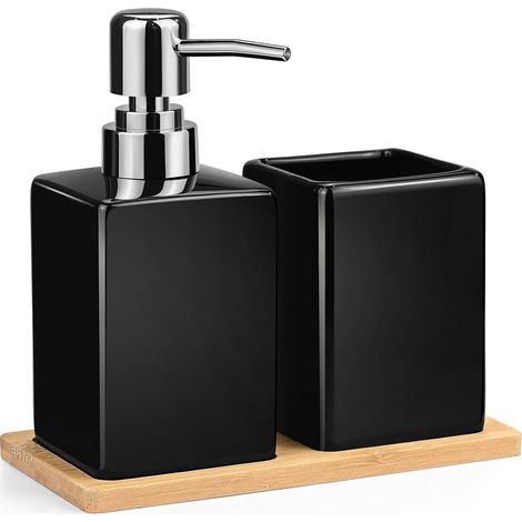 Ensemble d'accessoires de salle de bain 3 pièces en céramique avec distributeur de savon + porte-brosse à dents + plateau en bambou contemporain pour salle de bain, lavabo, baignoire, noir (1/5)
