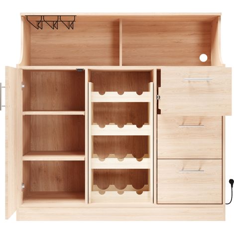 Buffet en bois clair avec LED, prise intégrée, porte-verres et casier à vin 120x40x121 cm (1/5)