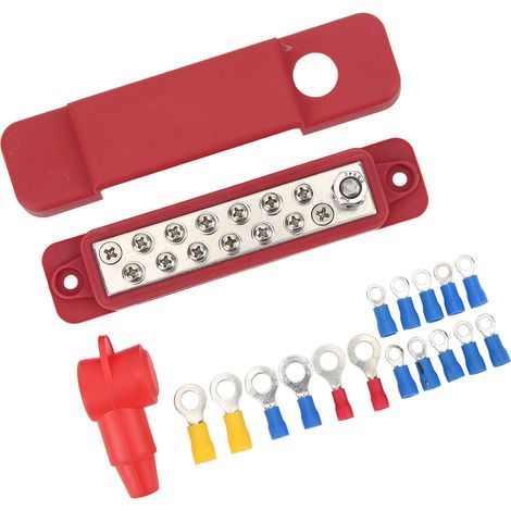 Bloc de distribution à 12 bornes, barre omnibus d'alimentation marine 180 A avec 16 cosses à anneau pour voitures, camping-cars et yachts (rouge) (1/5)