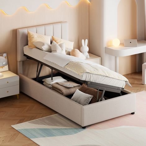 JOOKGBD-Stauraumbett 90 x 200 cm,Einzelbett mit Stauraum, höhenverstellbarem Kopfteil, Lattenrost,gepolstertes Kinderbett,Jugendbett im skandinavischen Stil, Leinen,Beige