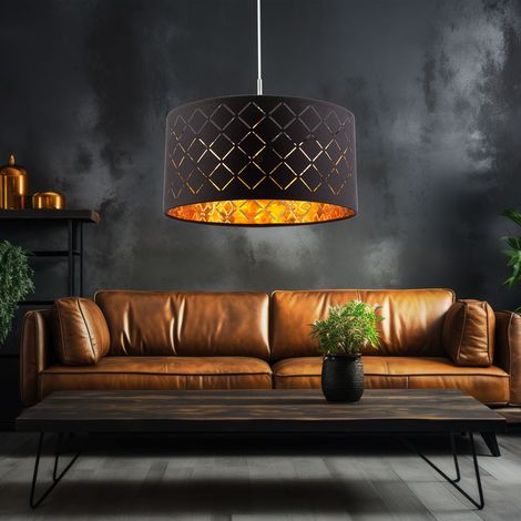 Pendellampe Hängelampe schwarz Esstisch modern Wohnzimmerleuchte, Textil Schirm rund, Metall gold, DxH 40x140 cm