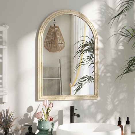 Miroir mural 50x70 cm beige en arc de salle de bain avec cadre en pierre synthétique pour entrée de chambre du salon