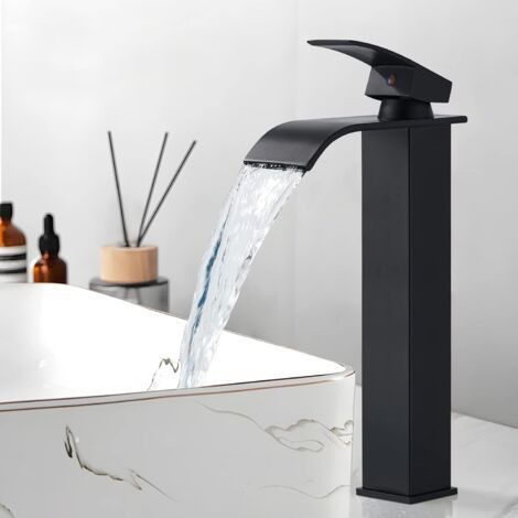 Mitigeur lavabo cascade noir en métal durable – Noyau céramique haute qualité – Écoulement silencieux – Compatible éviers standards